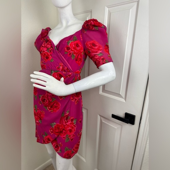LPA Araceli Floral Puff Sleeve Wrap Mini Dress In Pink Size SMALL. B40 - Picture 3 of 14